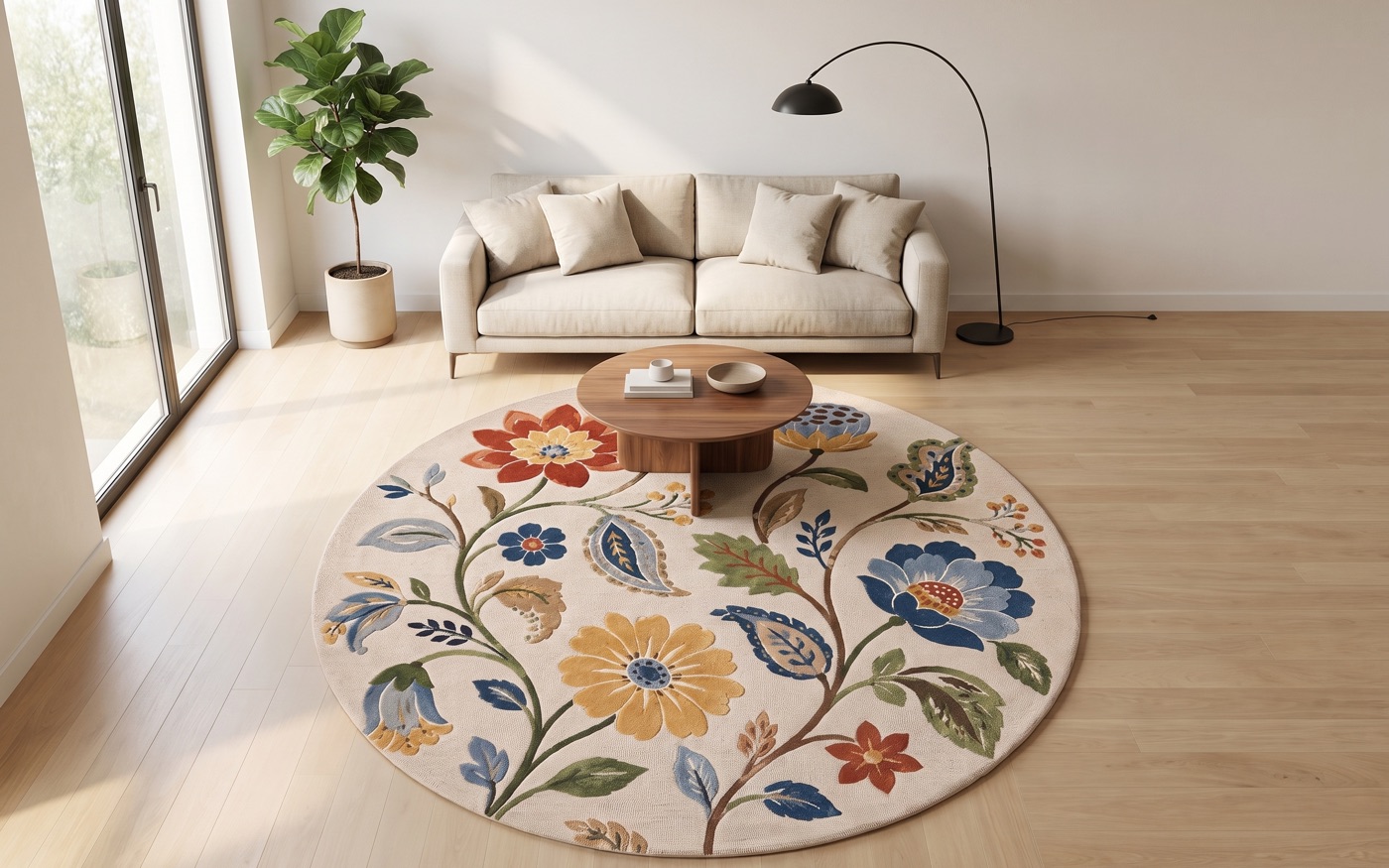 Round hand-tufted floral wool rug in a sunlit living room