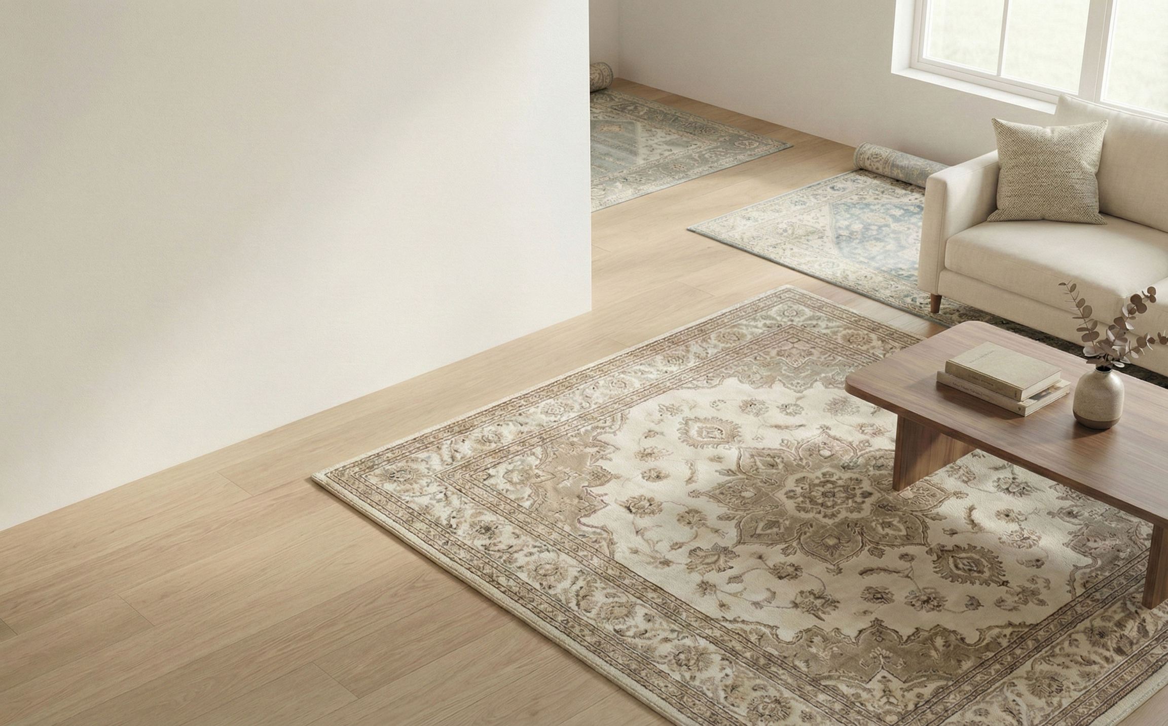 Hand-knotted Persian-style rugs styled in a modern living room